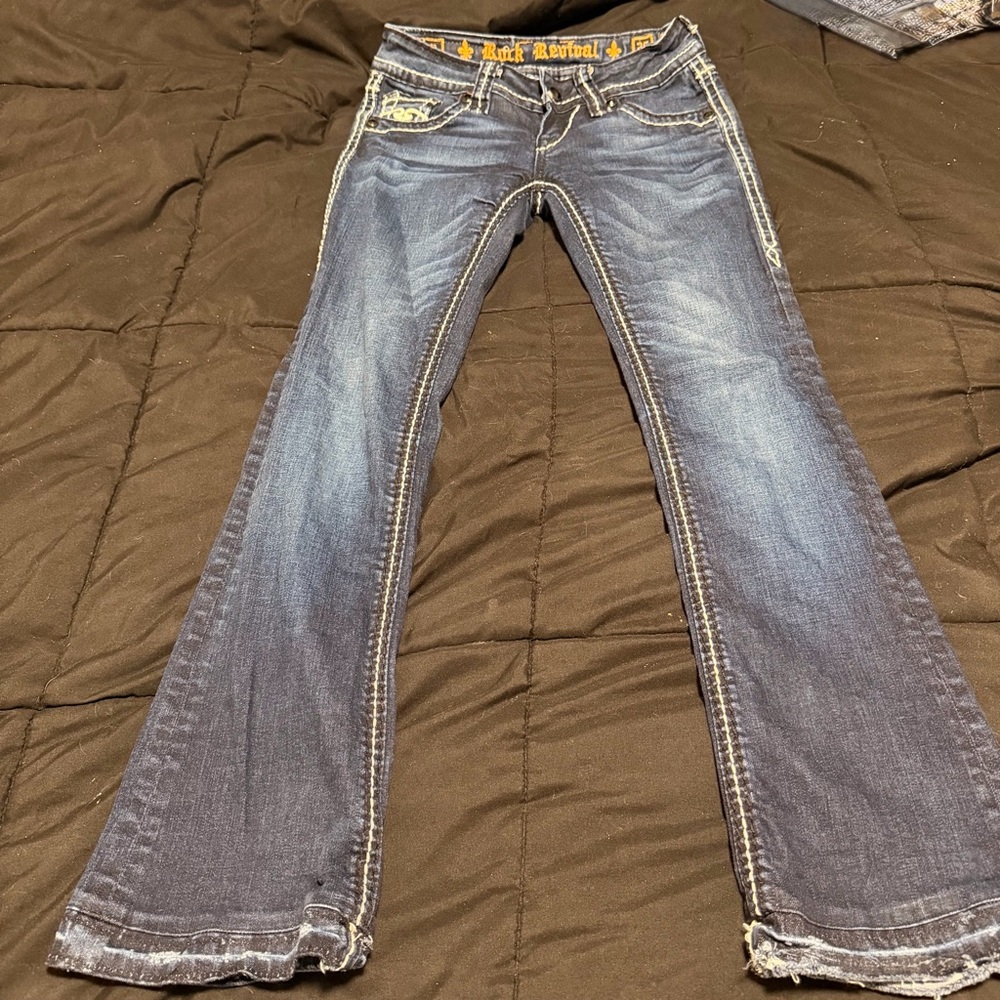 Rock Revival Women's Dark Blue Flared Jeans with Contrast Stitching